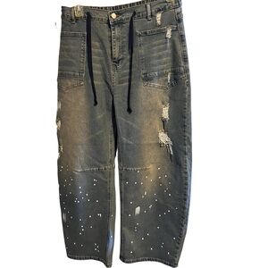 Blue Velvet Denim Distressed Barrel Jeans